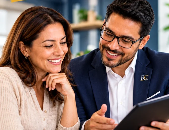 Consultor y cliente revisando información en una tableta