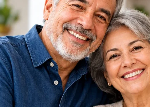 Pareja sonriendo en un entorno familiar