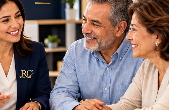 Asesora conversando con una pareja durante una consulta